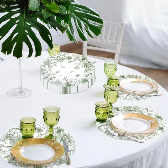 50 Pack Paper Placemats Disposable Green Floral Placemats 13.7 Inch Vintage Sage Green Flower Place Mats Chinoiserie Round Table Mats {5}