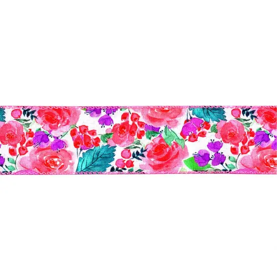 Designer's Shop WR 63-5200 Spring Summer Pink Rose, Red / Purple small floral and green leaf on white burlap wired edge ribbons, 2.5" x 10 yards {5}
