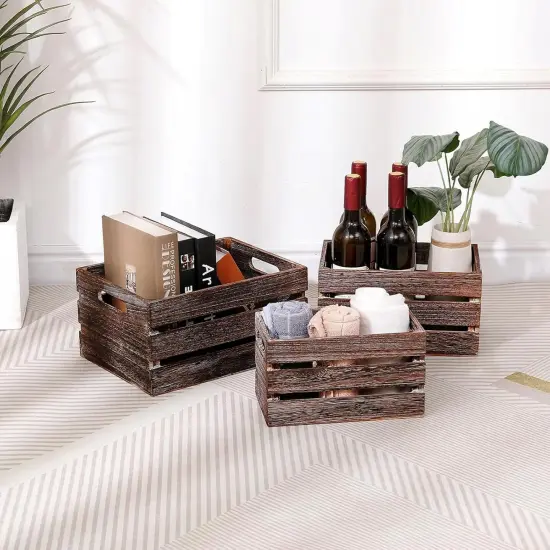Decorative Wood Crates Nesting Crates Wooden Storage Container for Display,Rustic Handmade for Storage with Handles,Farmhouse Wood Basket for Party,Office,Bedroom,Kitchen,Decor Boxes-Brown Set of 3 {3}