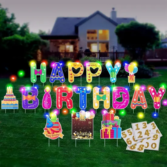 18Pcs Happy Birthday Yard Signs with Stakes 16&rdquo;Large Size,LED Lights 2 x 5 m and Personalized Signs, Birthday Letters for Yard Lawn Outdoor Decoration Party Supplies {1}