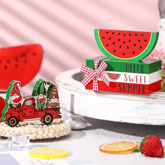 5 Pc Summer Tiered Tray set Lemon Sunflower Beach Books Stack with Twine Summer Wood Decor Lemon Sunflower Starfish Beach Gnome Sign {3}