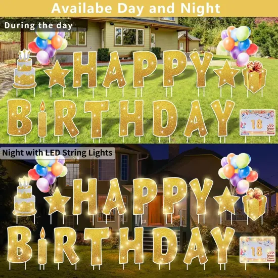 18 Pcs Happy Birthday Yard Sign with 32.8 ft Led Light, 16&rdquo; Large Size Happy Birthday Yard Sign with Stakes, Weatherproof Personalized Birthday Yard Signs, Outdoor Lawn Garden Party Decoration(Gold) {2}