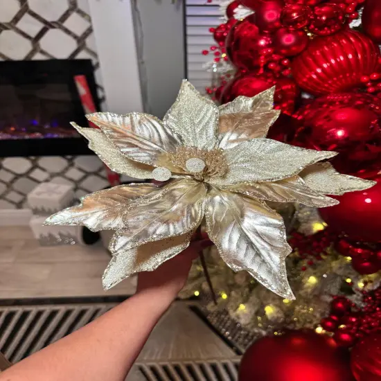 Christmas Flower Metallic Champagne Frosted Beads Poinsettia Stem Spray 12'' Set of 3 {5}