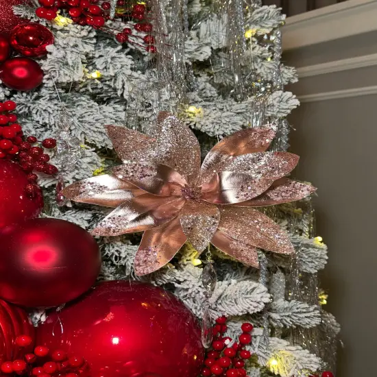 Rose Gold Metallic Poinsettia Flower Stem beaded with Sequins Set of 2 {3}