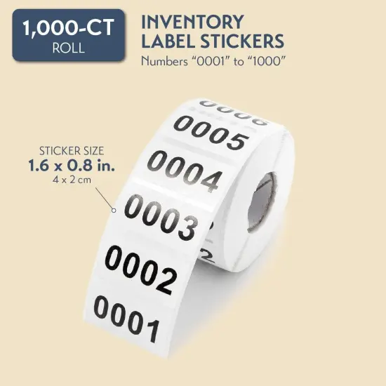 0001-1000 Count Inventory Numbered Stickers Roll, Self-Adhesive Consecutive Number Labels Tag for Storage Organizing, Moving Box Labeling, Business Supplies (White, 1.6x0.8 in) {5}