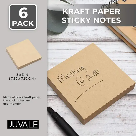 Juvale 6-Pack Kraft Paper Sticky Notes 3x3 inch, Brown Self-Adhesive Memo Notepad Set, Self-Stick Note Pads for Office Work, Home, School, Teachers, 100 Sheets Per Pad {5}