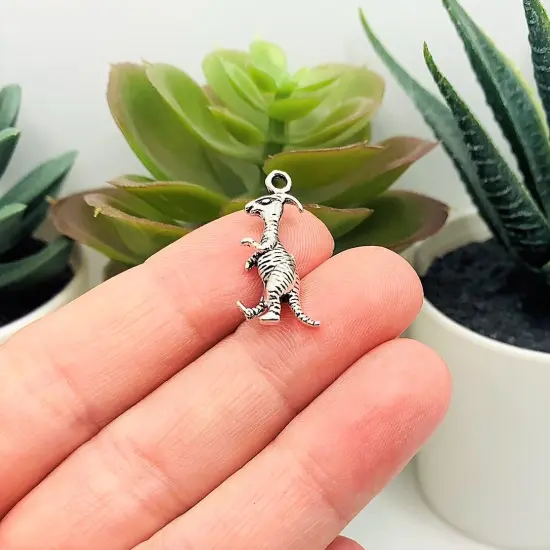 Silver Parasaurolophus Horned 3D Dinosaur Charms, 12x23mm {2}