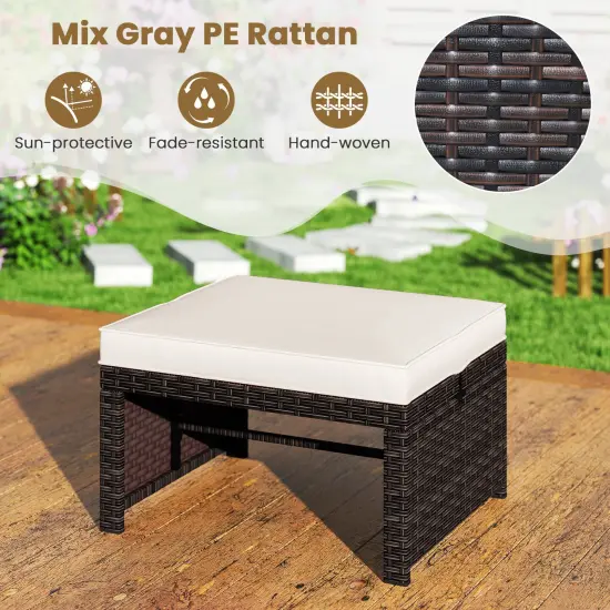 2 Piece Mix Brown Rattan Ottoman Footstool with Cushions, Metal Frame and 400 lbs Capacity White {5}