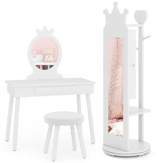 MDF Vanity Set with Full-Length Mirror, Jewelry Armoire and Stool Pink {7}