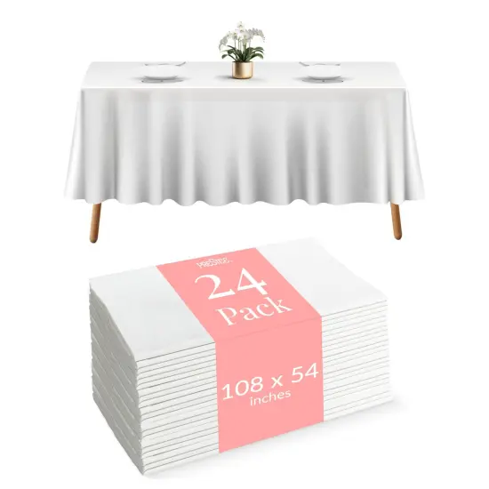 Prestee 24 Plastic Table Cloth Disposable - 108 x 54 White Tablecloth Rectangle - Plastic Table Cover for Parties, BBQs, Weddings, Outdoor Gatherings, and Fine Dining Events {1}