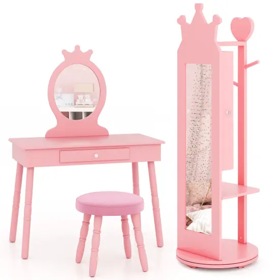 MDF Vanity Set with Full-Length Mirror, Jewelry Armoire and Stool Pink {8}