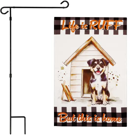 G128 Combo Pack: Garden Flag Stand Black 36x16IN & Garden Flag Life is Ruff Dog House Printed 12x18IN Double Sided Yard Lawn Decoration {1}