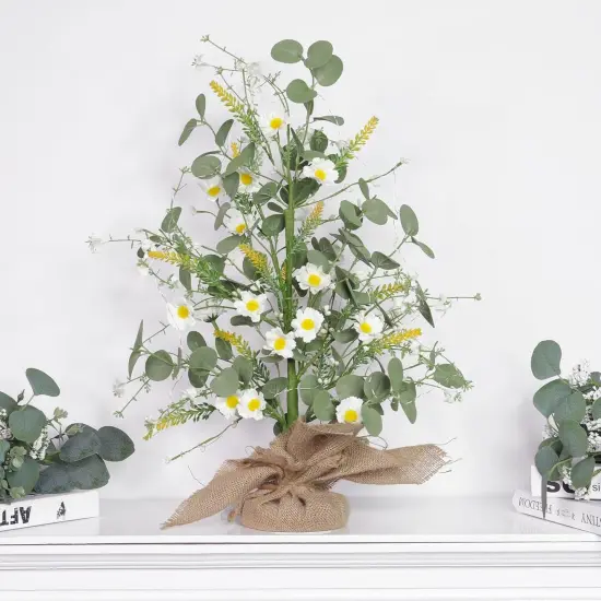 Spring Easter Decorations, 22 Inch Artificial Tabletop Tree, Fake Silk Floral White Daisy Eucalyptus Lavender Flowers Linen Base Timer 20 LED Warm Light, Easy DIY Home Party Table Summer Holiday Decor {3}