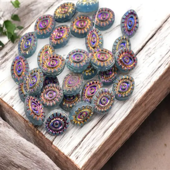 *10* 14x11mm Metallic Volcano Washed Matte Translucent Blue Aqua Mystic Eye Beads {3}