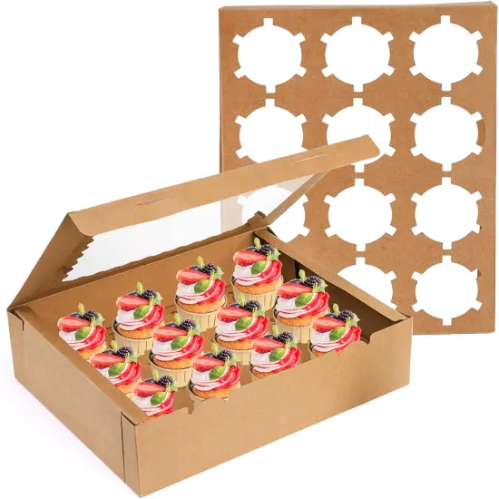 20 Pack Cupcake Boxes, 12 Counts Dozen Cupcake Containers with Window and Insert, Brown Bakery Pastry Treat Boxes for Muffins, Cookies, Donuts, Take Out Containers for Party {2}