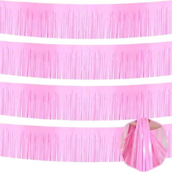 4 Pack 10 Ft Macaron Pink Foil Fringe Garland Metallic Tinsel Streamers Banner Wall Hanging Curtain Backdrop for Parade Floats, Christmas Day, Thanksgiving Day, Halloween, New Year Party Decoration {1}