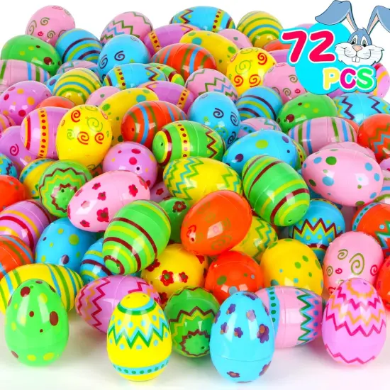 72 Pcs Plastic Printed Easter Eggs, 3.15" Tall Fillable Colorful Toys Easter Eggs Bulks for Easter Hunt, Party Favor, Basket Stuffers Filler {1}