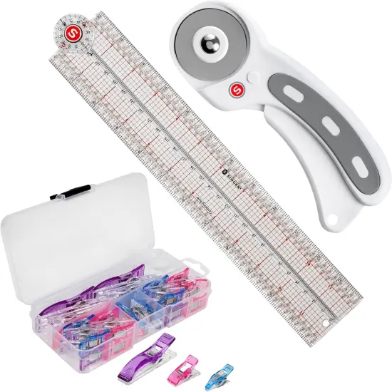 Quilting Tool Kit with 24-Count Fabric Clips, 24-Inch Folding Ruler, and 45mm Rotary Cutter - Quilting Supplies for Patternmaking, Sewing, Fabric Work {1}