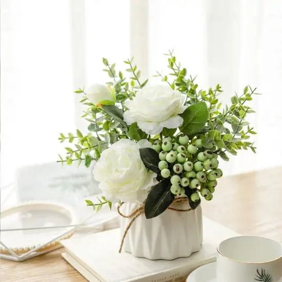 Table Decor Artificial Flowers Vase Small Fake Flower White Arrangement 2pcs Floral Arrangement for Tables centerpieces Kitchen Dining Room Decorations Faux Flower in Vase Silk Roses {2}