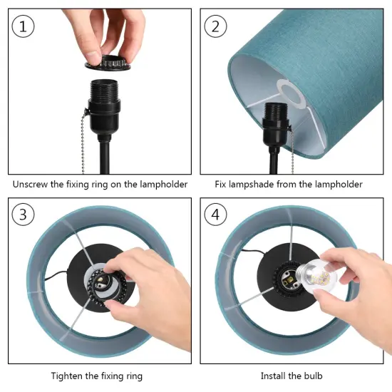 Black Modern Table Lamp, Simple With Blue Fabric Shade, Pull Chain Switch {4}