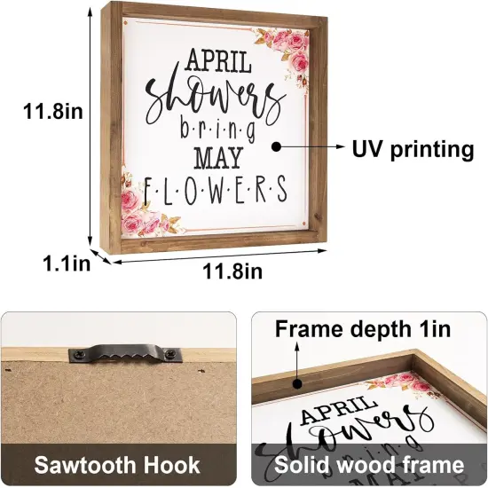 Spring Decorations For Home, 11.8 Inch Wooden April Showers Bring May Flowers Sign Decor, Indoor Wall Table Seasonal Decorative Signage {3}