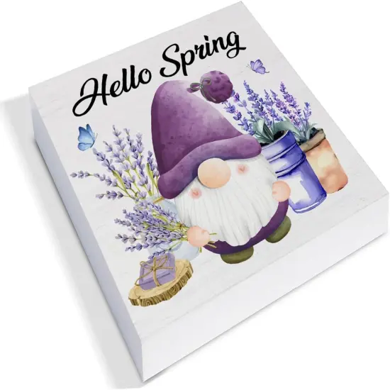 Spring Decor, Rustic Gnome Wood Sign Spring Lavender Tray Decoration Tabletop Shelf Desk Home Decor, 5 X 5 Inches {2}