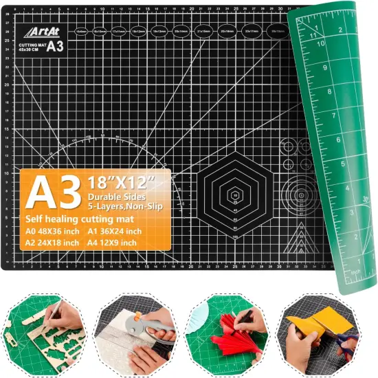Self Healing Cutting Mat: 12inch x 18inch Double Sided 5-Ply Fabric Cutting Mat for Sewing, Quilting & Arts & Crafts - Gridded Rotary Cutting Board Mat in Green/Black. {1}