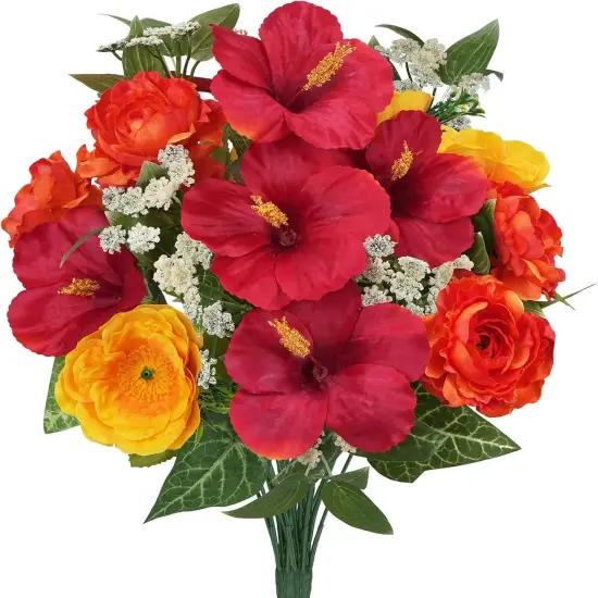 2pcs Silk Flowers with Stems- Artificial Hibiscus Mixed Fake Red Rose and Babys Breath; 24 Branches Faux Floral Sympathy Flowers for Cemetery Grave; Spring Decor for Wedding Home Centerpiece Vase {1}