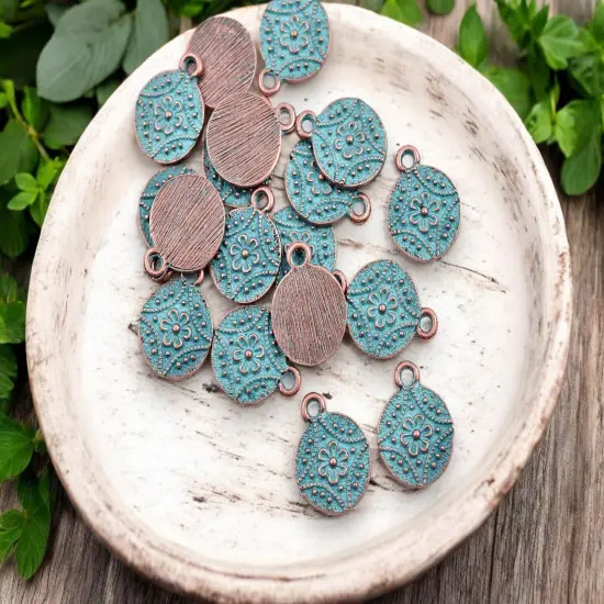 *20* 13mm Copper Patina Floral Medallion Charms {3}