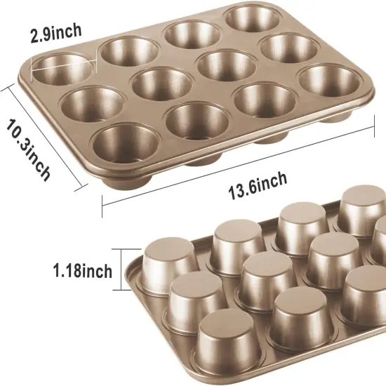 Muffin Pan for Baking, Nonstick Cupcake Pan Set of 2, 12-Cup Muffin Tin, Premium Round Cheesecake Pans, Dishwasher Safe - Gold Grey {4}