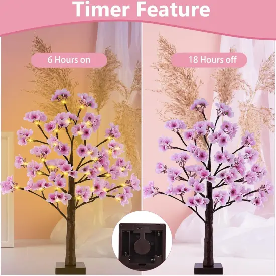 24 Inch Lighted Cherry Blossom Tree Battery Operated 2FT 28 Warm White LED Artifical Bonsai Tree with 84 Lush Flowers, Timer USB Plug for Wedding Party Spring Christmas Home Decoration {2}