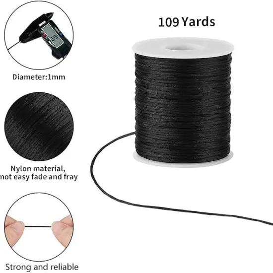 Black Nylon String Cord - 1MM 100 Yards Black Twine, Bracelet String for Bracelet Making, Braided Ornament Lanyard Thread, Jewelry Thread Clay Bead Cords for Crafts, Macrame Satin {3}