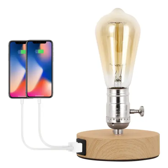 Small Industrial Table Lamp with 2 USB Ports & Wooden Base Vintage Desk Light for Bedroom, Dorm, Nightstand {1}