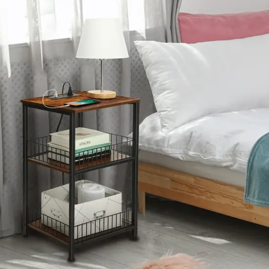 Industrial End Table with Storage Shelf & Charging Station Lockable Wheels, Sturdy Wood & Iron Mesh Nightstand for Bedroom, Living Room, or Office {1}