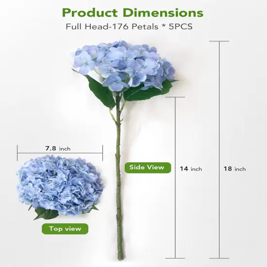 5PCS Hydrangea Artificial Flowers, Real Touch Latex Hydrangeas, Realistic Faux Floral D&eacute;cor for Home Office Wedding Bouquets Centerpieces Party(Blue) {3}