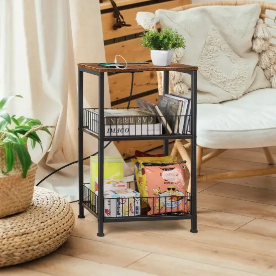 Industrial End Table with Storage Shelf & Charging Station Lockable Wheels, Sturdy Wood & Iron Mesh Nightstand for Bedroom, Living Room, or Office {5}