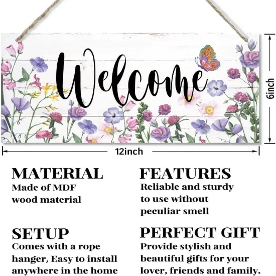 Welcome Decor Sign, Hanging Wood Sign Home Decorative, Printed Wood Wall Art Sign, Flower Welcome Sign, Yard Garden Welcome Sign, Porch Decor Sign, Farmhouse Front Door Decor Sign 12 * 6inch {2}