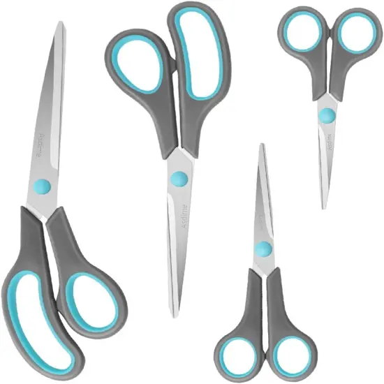 Scissors Set of 4, Premium Stainless Steel Razor Blades, Ergonomic Semi-Soft Rubber Grip, Suitable for School, Office and Family Daily Use, 9.6''/8.5''/6.4"/5.4", Blue&Gray {1}