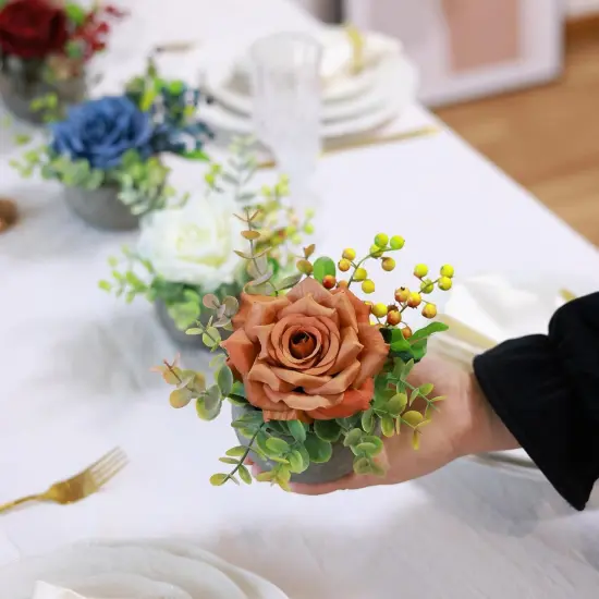 Small Artificial Flowers Potted Plant Fake Flower Realistic Silk Orange Rose and Greenery with Vase for Table Decor Centerpiece Bathroom Office Desk Shelves Room Decorations (R-Orange) {2}