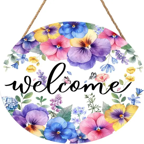 Pansy Flowers Butterfly Wooden Sign 12"x 12" Round Spring Hanging Door Sign Decoration {1}