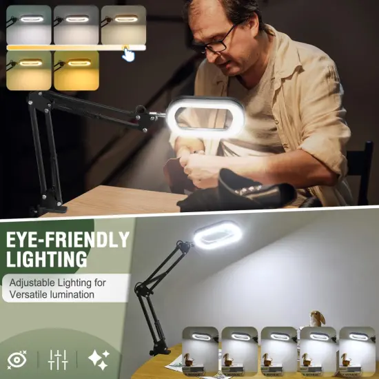 10X Rectangle Magnifying Glass with Light and Stand, 5 Color Modes Stepless Dimmable, 2-in-1 LED Lighted Desk Lamp & Clamp, Hands Free Magnifier for Reading Crafts Repair Painting Close Work {3}