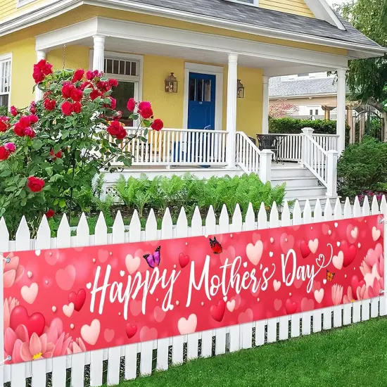 Large Happy Mother's Day Banner Decorations Mothers Day Yard Sign Holiday Hanging Decor 120x20 Inch Love Hearts Flowers Banner Party Supplies {1}