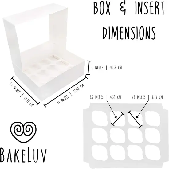 White 12 Cupcake Boxes, Cupcake Containers | 13x9.5x4, 25 Pack | 12 Cupcake Box Bulk, Cupcake Boxes 12 Count Carrier, Option to 14x10x4 Bakery Boxes with Window, &frac14; Sheet Cake Box 13x9 Inches {3}