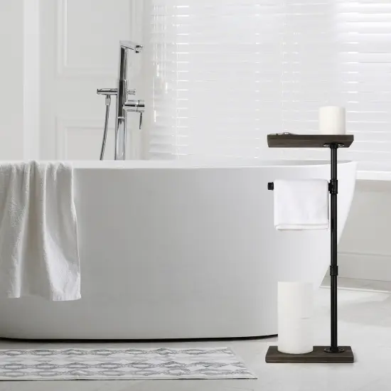 Vertical Industrial Toilet Paper Holder with Wooden Shelf Freestanding Bathroom Organizer for Paper Towels, Tissues, & Toiletries Rustic Tubular Design, 4-Roll Storage, Easy Assembly {4}