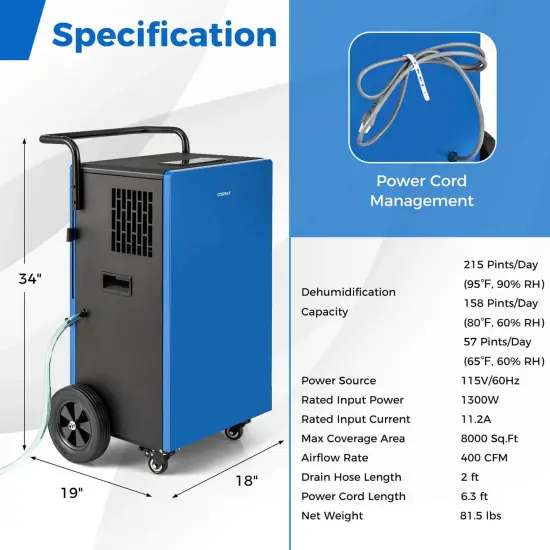 Costway 215-Pint Portable Commercial Dehumidifier with Drain Hose 24H Timer 8,000 Sq. ft Coverage Area {3}