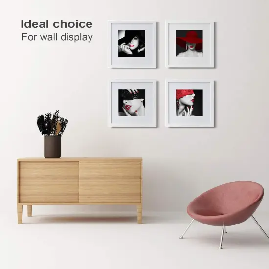 12x12 Picture Frames White, Wood Frames with HD Plexiglass for Pictures 8x8 with Mat or 12x12 without Mat, Wall Mounting Display, Set of 4 {4}