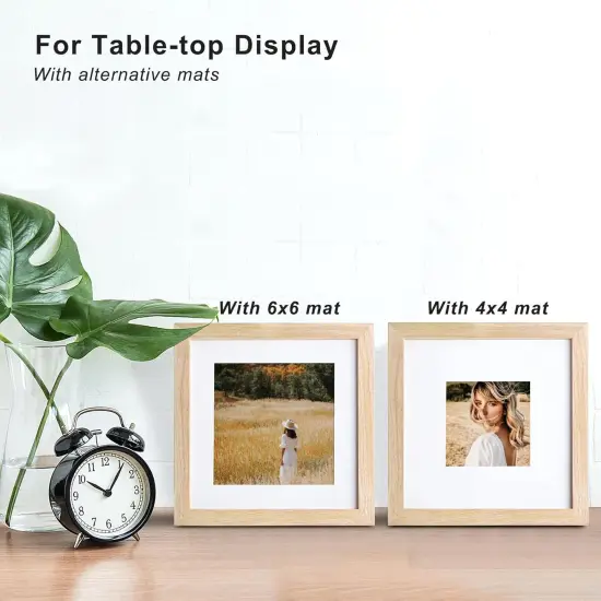 8x8 Picture Frame, Natural Square Solid Wood Frames for Pictures 4x4 and 6x6 with Mat or 8x8 without Mat, Wall and Tabletop Display Photo Frames Natural Wood 4 Pack {5}