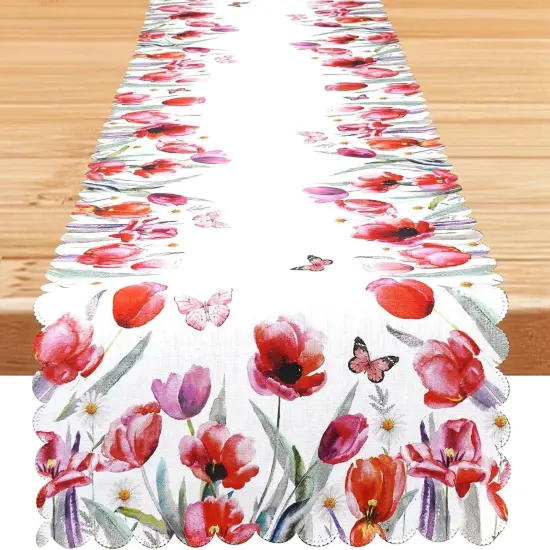 Spring Floral Table Runner with Red Tulip and Butterfly Design &ndash; Elegant Spring and Summer Table D&eacute;cor, Scalloped Edges for Dining and Coffee Table Centerpiece Decoration &ndash; 72 Inches Long {1}