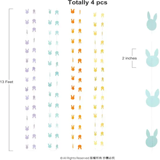 Easter Bunny Garland Pastel Hanging Rabbit Banner Cute Hanging Streamers for Kids Parties Birthday Baby Shower Classroom Home Office Holiday Decor Tea Spring Party Supplies Set of 4 {2}