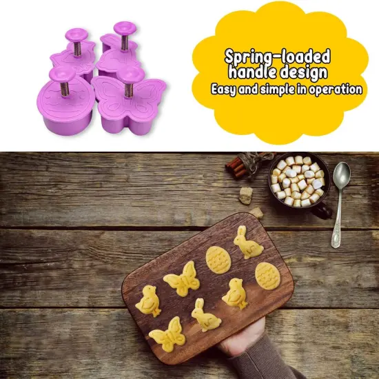 Mini 3D Easter Cookie Cutters Set, Easter Fondant Biscuit Pastry Cookie Cutter Stamp, Spring Spring-Loaded Handle Cutter Shape with Eggs, Chick, Butterfly (4 PCS) {5}